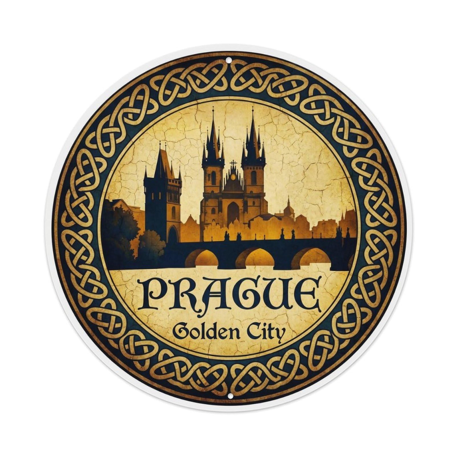 Vintage Travel Prague Czech Golden Metal Tin Sign Plaque Wall Decor for Cafe, Club Bar, Office, Home Garden Round Metal Poster 8x8Inch