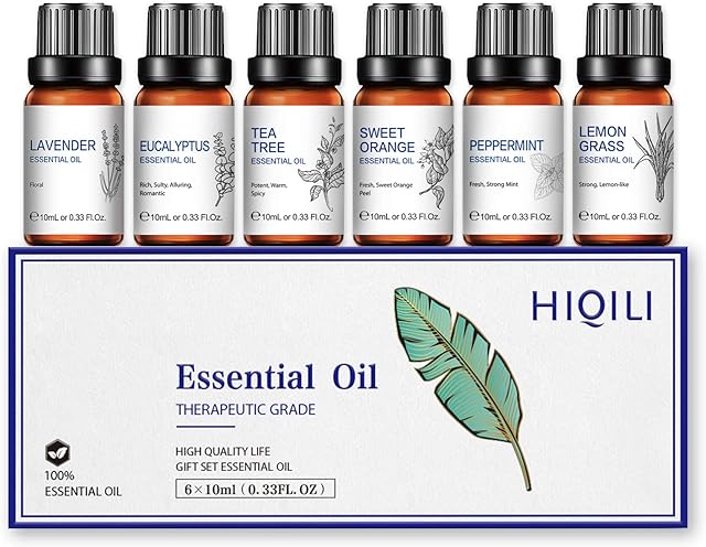 HIQILI Classical Essential Oils Set, Pure Essential Oil as Gift Set, Lavender Tea Tree Eucalyptus Peppermint Orange Lemongrass for Diffusers Home Humidifier Candle Soap Making -6x10mL