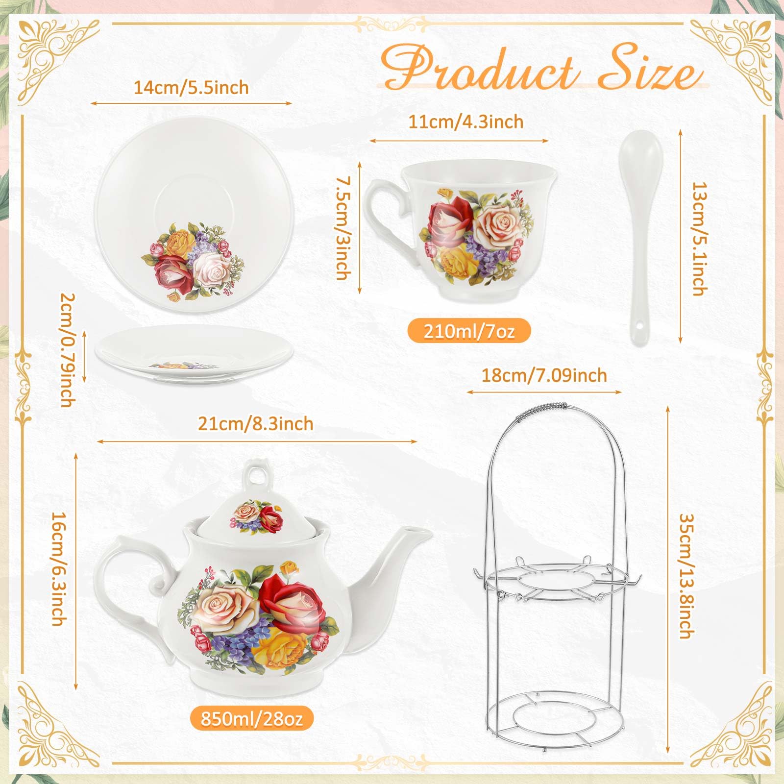 Zhehao 20 Pcs Vintage Porcelain Tea Set with Metal Holder Adult Ceramic Tea Party Set European Flower Tea Cup Saucer Set for Adult Women with Flower Painting, Large Version