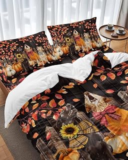 Fall Duvet Cover Set of 4 Full Size Pumpkin Dog Comforter Sets, Bow Puppy Maple Leaves Fence Wood Bedding Set with Zipper Closure and 2 Pillow Cases, Soft Bed Covers for Thanksgiving All Season