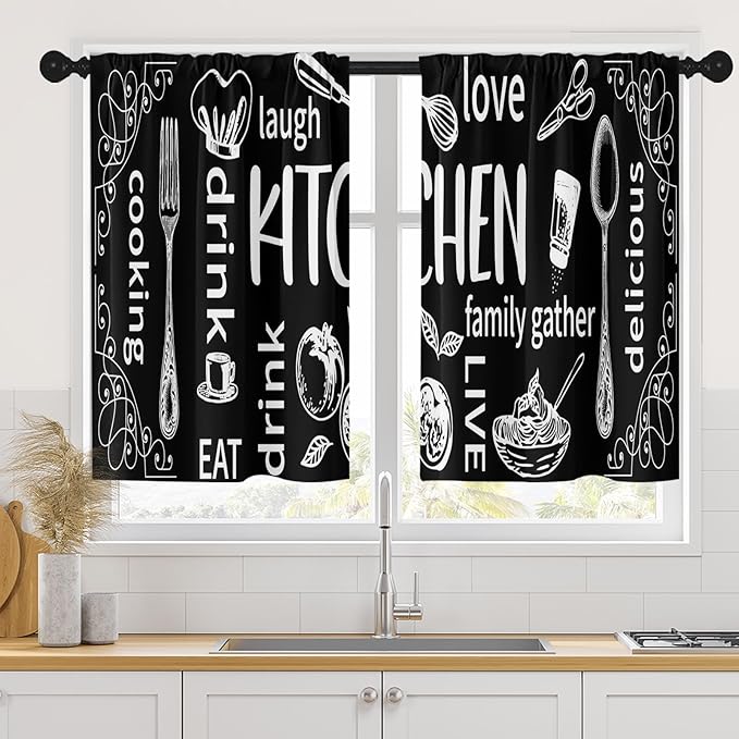 Amazon.com: Arttown Black Kitchen Curtains 36 Inch Length White Doodle ...
