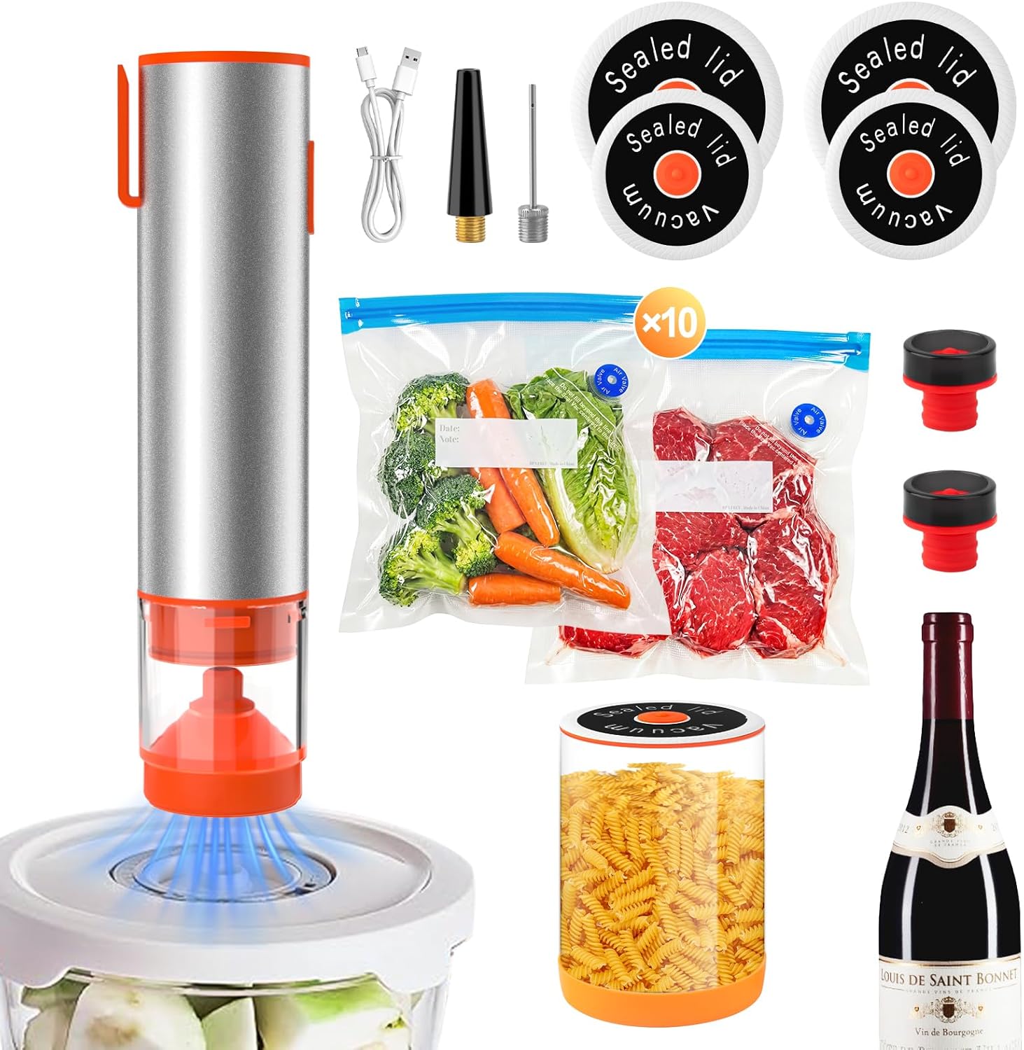 Food Saver Vacuum Sealer Machine, Compact Vacuum Sealer for Food, 60KPA Powerful Suction, Mason Jar & Food Bag Sealer, Type-C Fast Charging, LED Display, Essential Kitchen Gadgets with 10 Reusable Bag