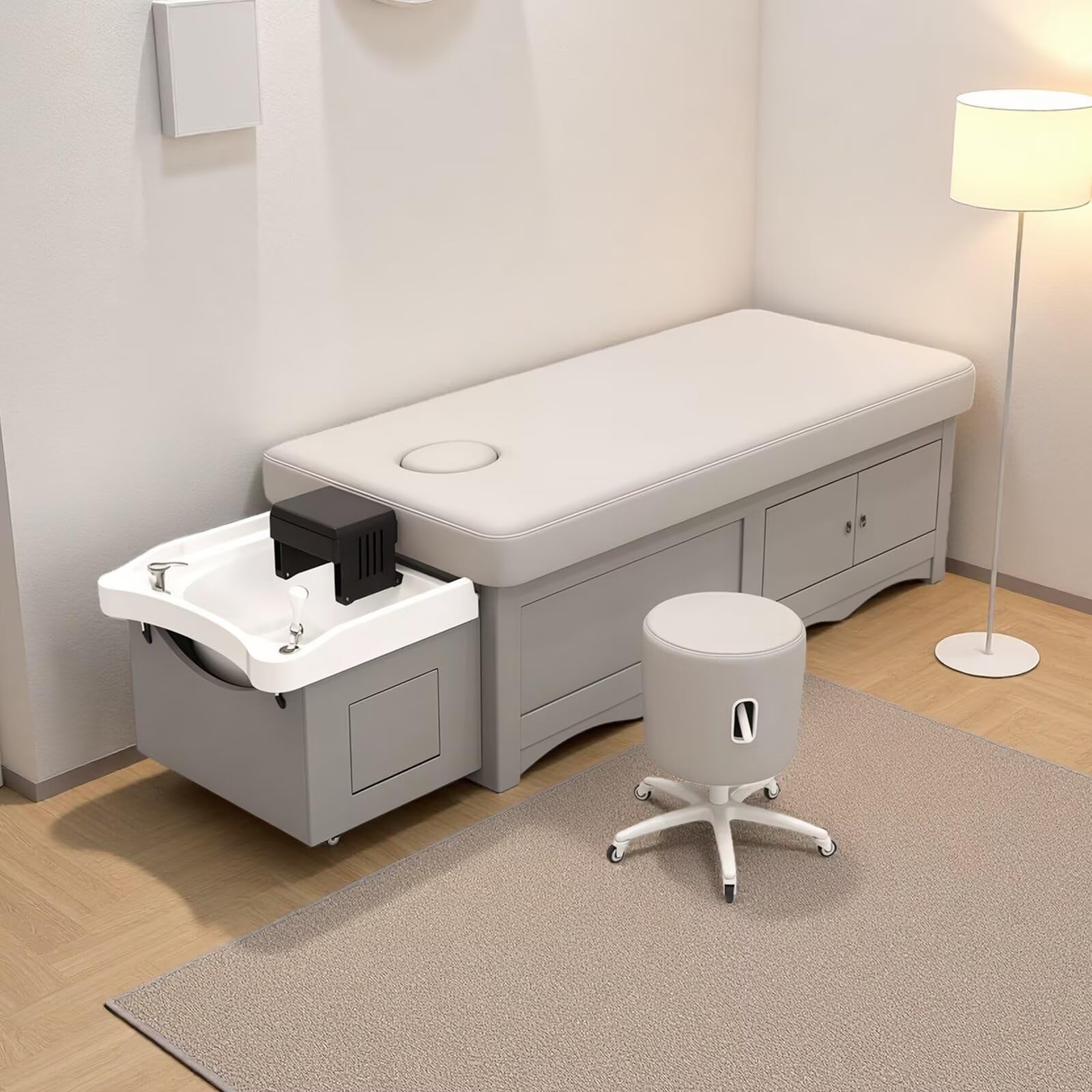 Łóżko do szamponu Salon Head SPA, wielofunkcyjny stół kosmetyczny z cyrkulacją wody, funkcja szamponu, zabieg odprowadzania wilgoci, minimalistyczny design, delikatne odcienie (beżowy