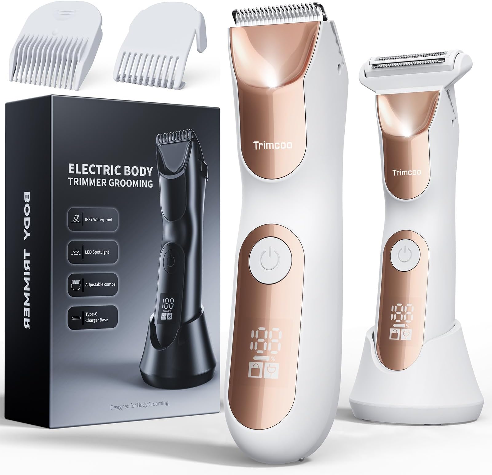 [2025 Upgraded] Men's Electric Shaver Kit, 2 in 1 Beard & Body Hair Trimmer, USB-C Fast Charging, Groin & Ball Hair Painless Razors, LED Display, Travel Waterproof Wet/Dry Groomer, White
