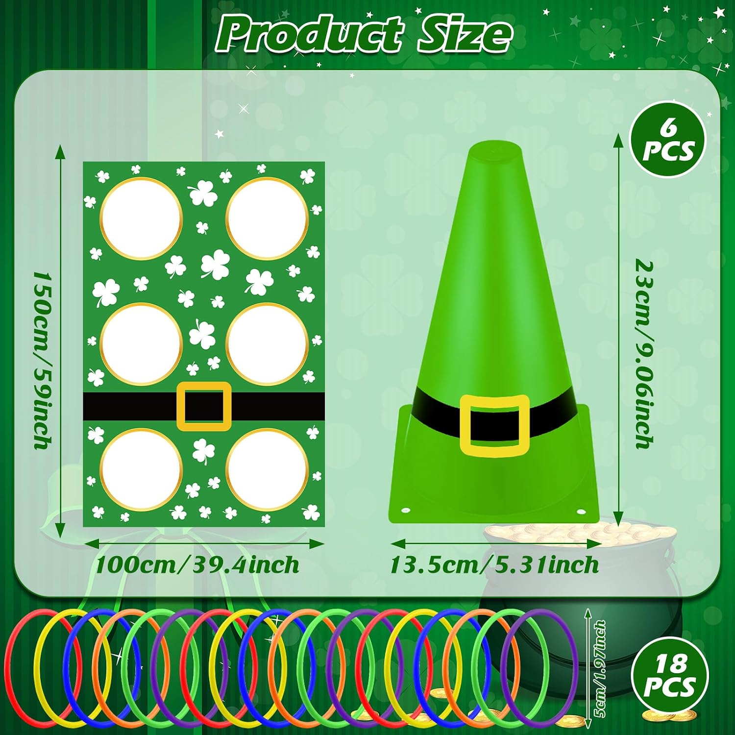 28 PCS St. Patrick’s Day Ring Toss Game Kit 6 Green Black Cones 18 Toss Rings 1 Cloth Mat and 3 Medals - Outdoor/Indoor Carnival Party for Family Party Favors