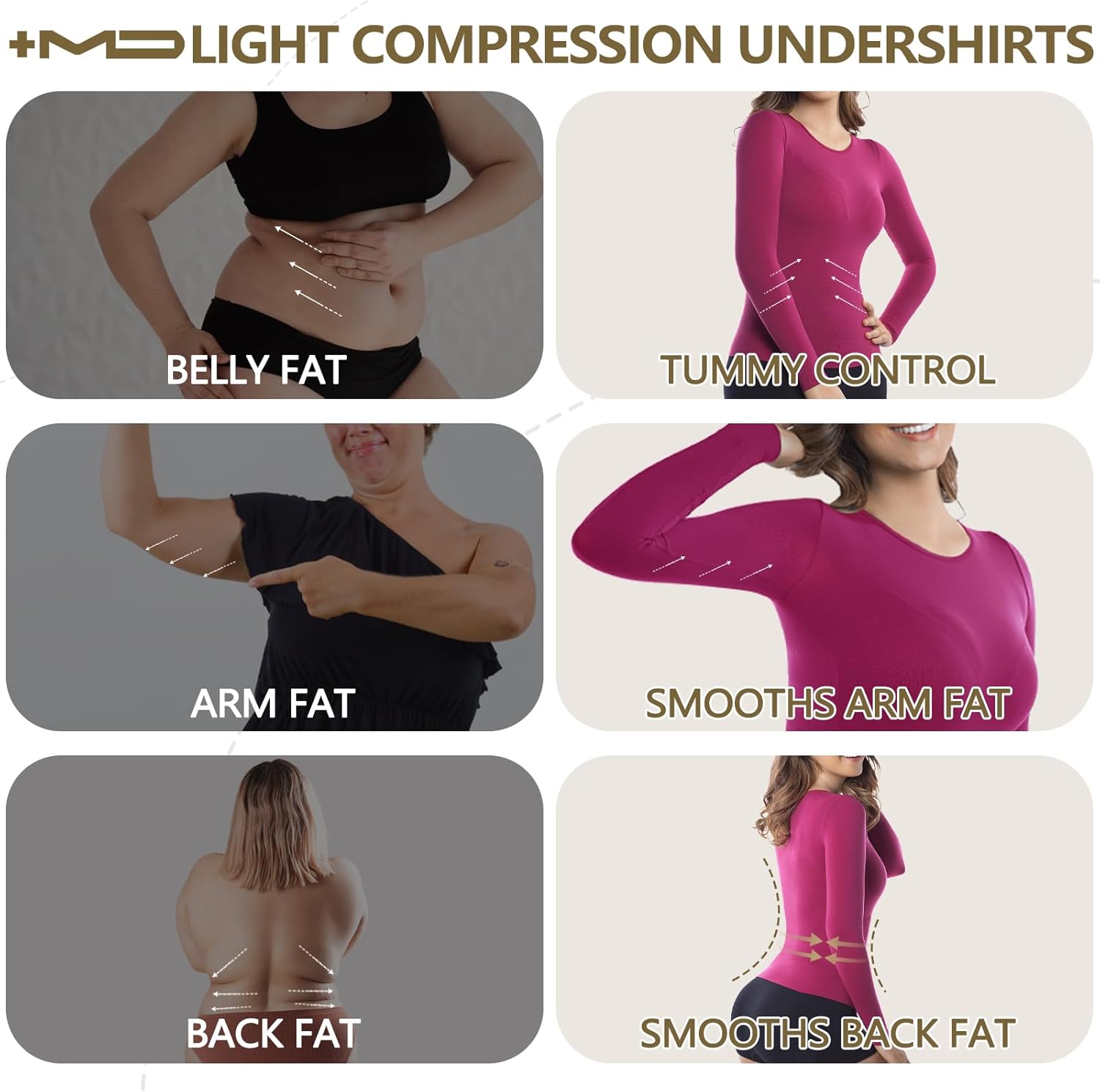+MD Womens Compression Slimming Shirts and Undershirts for Tummy Waist and Bust Long Sleeves Thermal Underwear Round Neck - Image 3