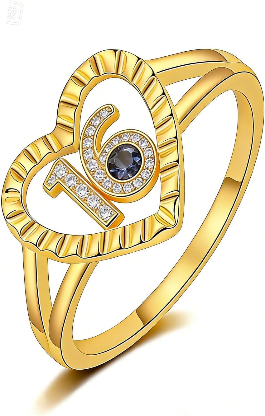 Personalized Sweet 16 Birthstone Rings Engraved Name 16th Birthday Heart Ring Birthday Gift for Women Daughter