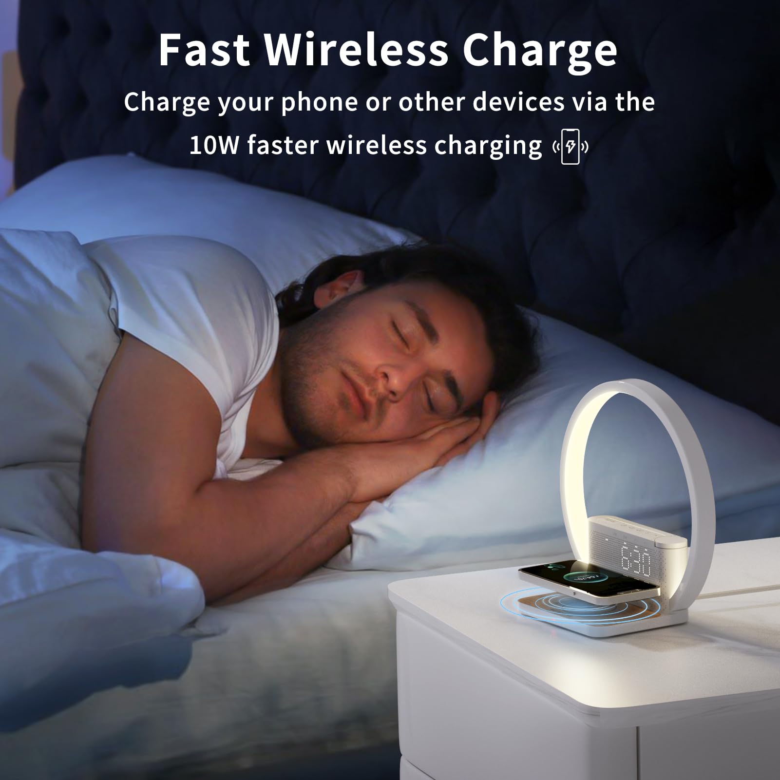 RETEYUNG Lámpara de cabecera con función de carga,Cargador Inalámbrico de 10w,2 Despertadores,Reloj despertador con luz,10 Sonidos Relajantes,3 Niveles de Brillo,Adecuado para dormitorio,salón.