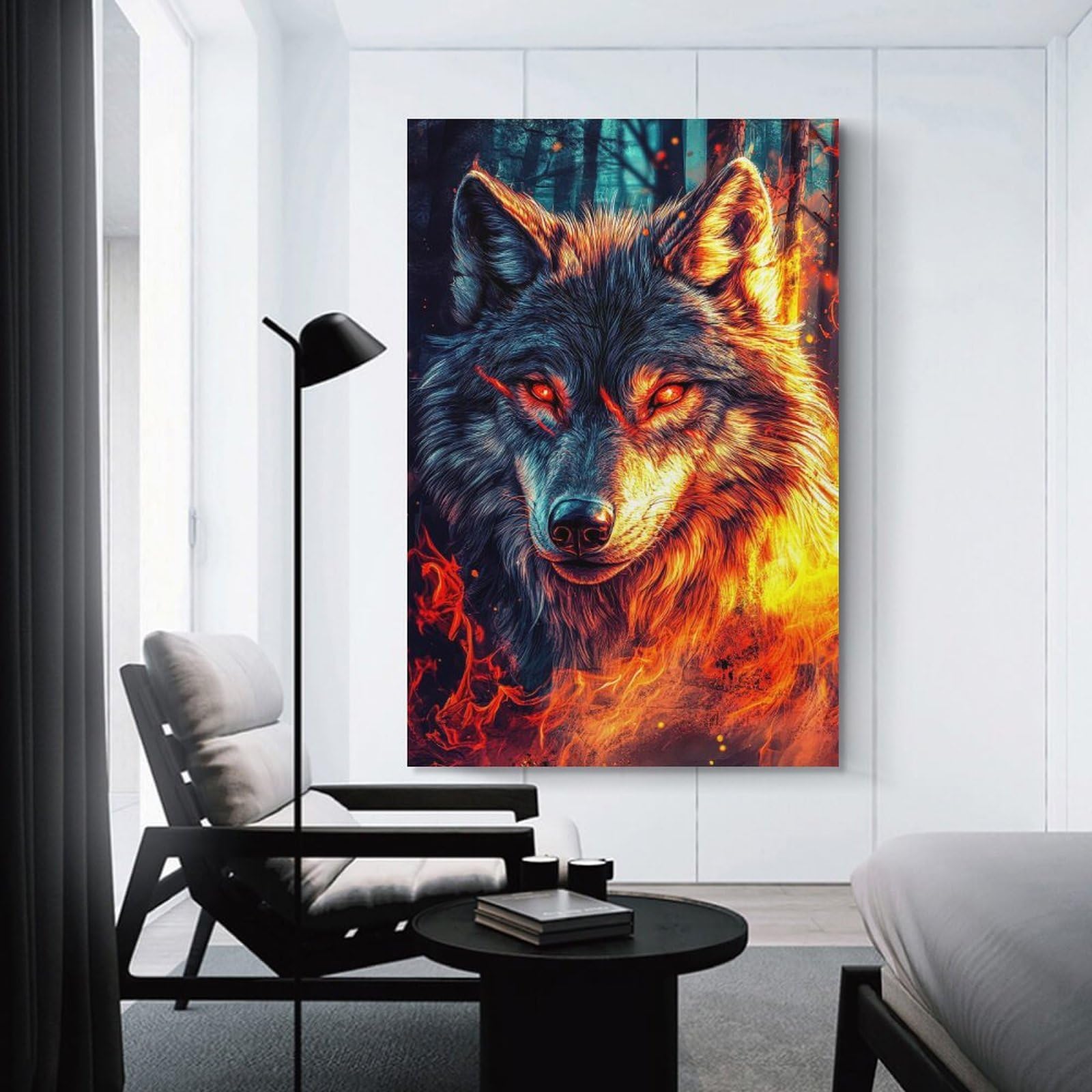 Junmoney Fiery Wolf in A Dark Forest Hanging Wall Art 08x12inch(20x30cm), for Front Hall, Corridor Or Welcome Spaces, Wall Decor to Refresh Empty Corners