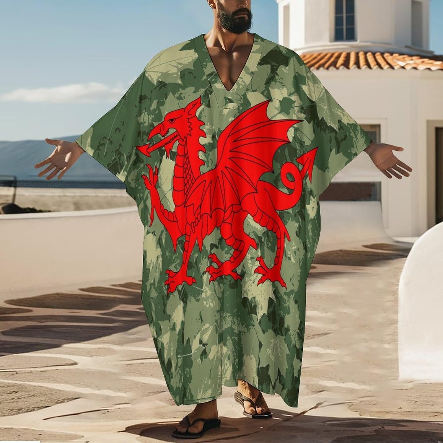 Wales Welsh Red Dragon Camouflage Leaves Men's Kaftan Thobe V-Neck Long Gown Loose Robe
