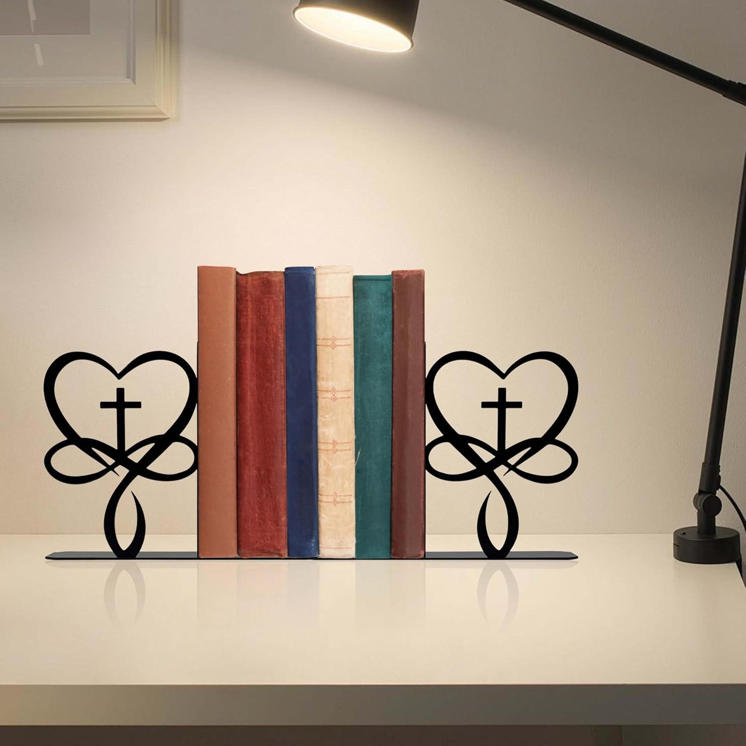 Unique Metal Infinity Heart Cross Decorative Bookends, Christian Book Ends for Shelves,Religious Decor, Jesus Home Decor, Love Gift for Home Decor Room Bedroom Living Room Decoration