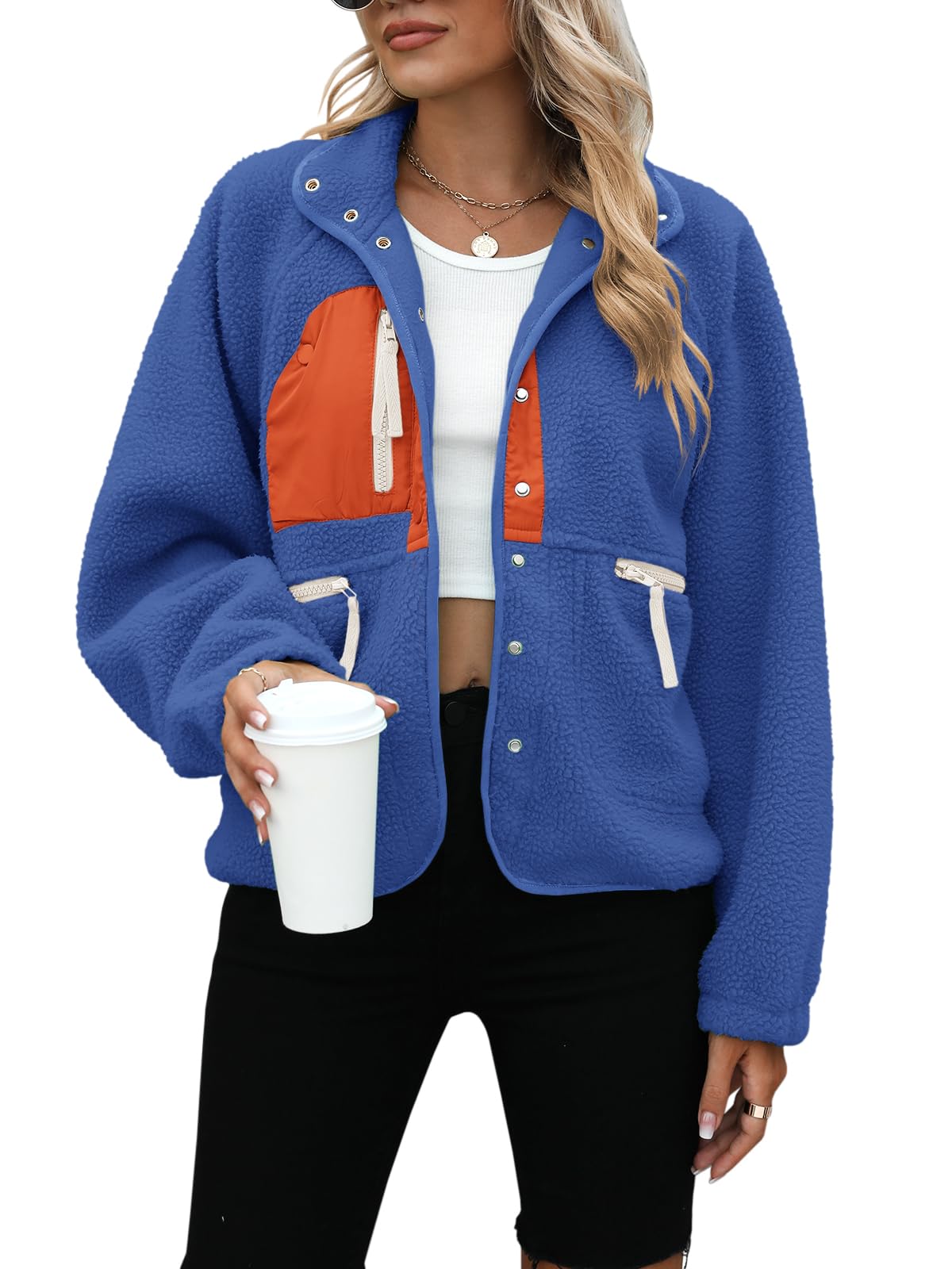 Yanekop Womens Fleece Jacket Fuzzy Long Sleeve Short Winter Coats Button Down Sherpa Jacket Outerwear with Pockets