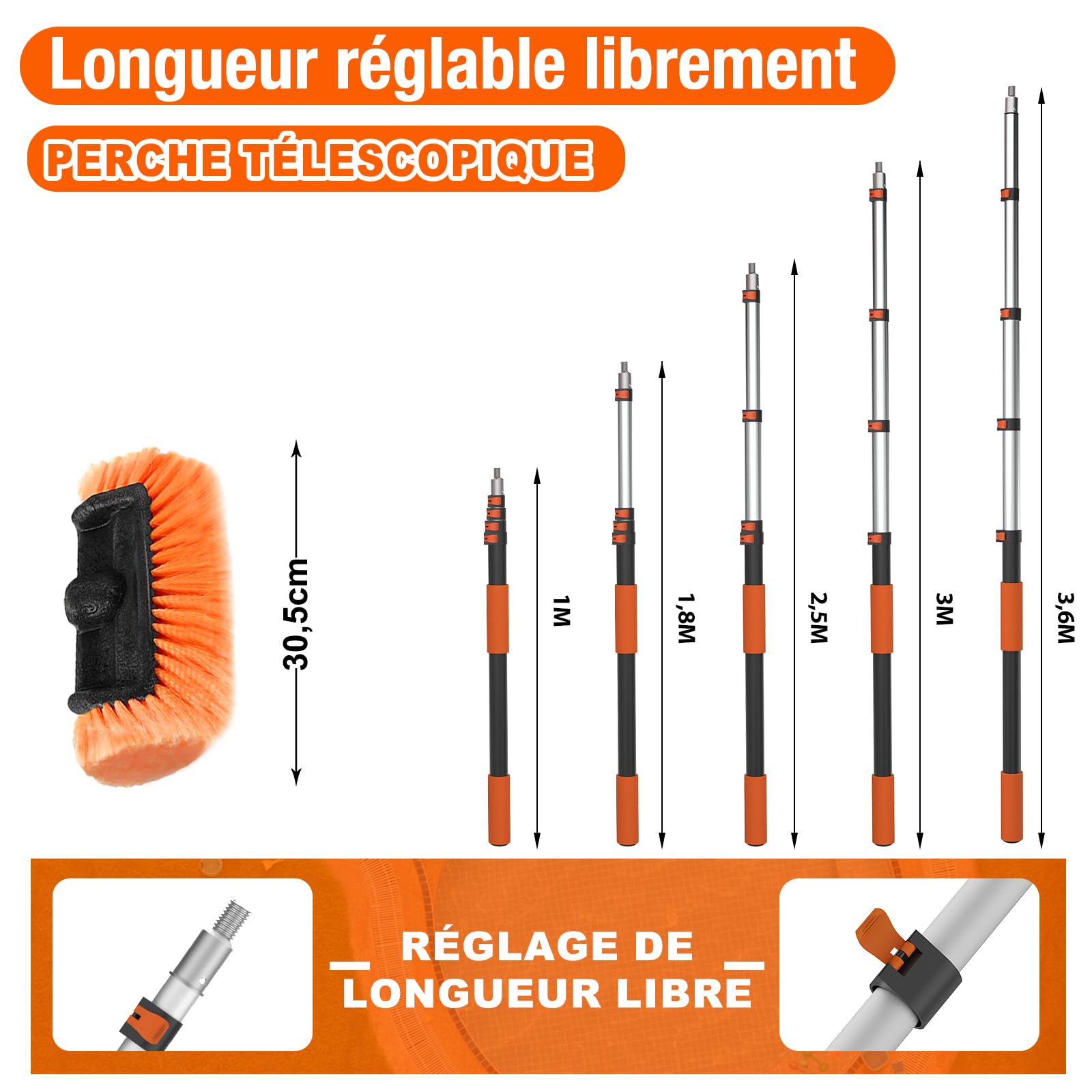 SISUPASSIE Kit de Nettoyage Voiture 3,6 m, Brosse Nettoyage Voiture Télescopique, Raclette Vitre, Serpillière Microfibre, Brosse à Jantes, Gant de Lavage, Idéal pour Camion, Camping-Car, Bateau