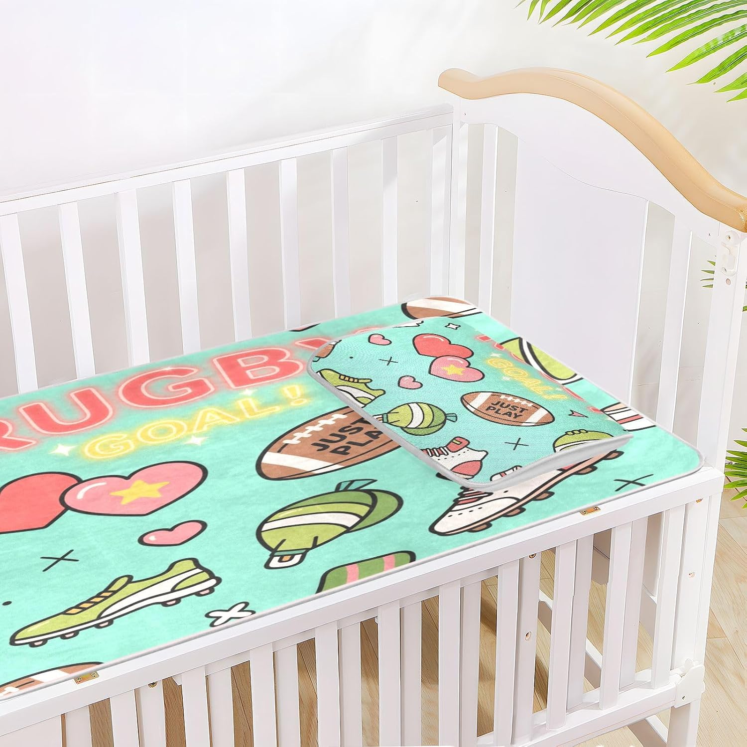 Cooling Baby Mattress - 28" x 52" Absorbent Rugby Ball with Green Heart Pattern - Bed Pads for Infants and Toddlers