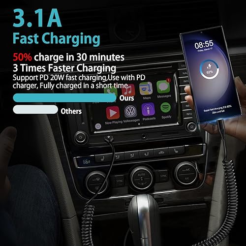 Miniatura 2 de Cable USB C a USB, Android Auto de 3 pies + 5 pies en espiral para automóvil, cable retráctil de carga rápida tipo C para iPhone 17Air17 Pro17 Pro