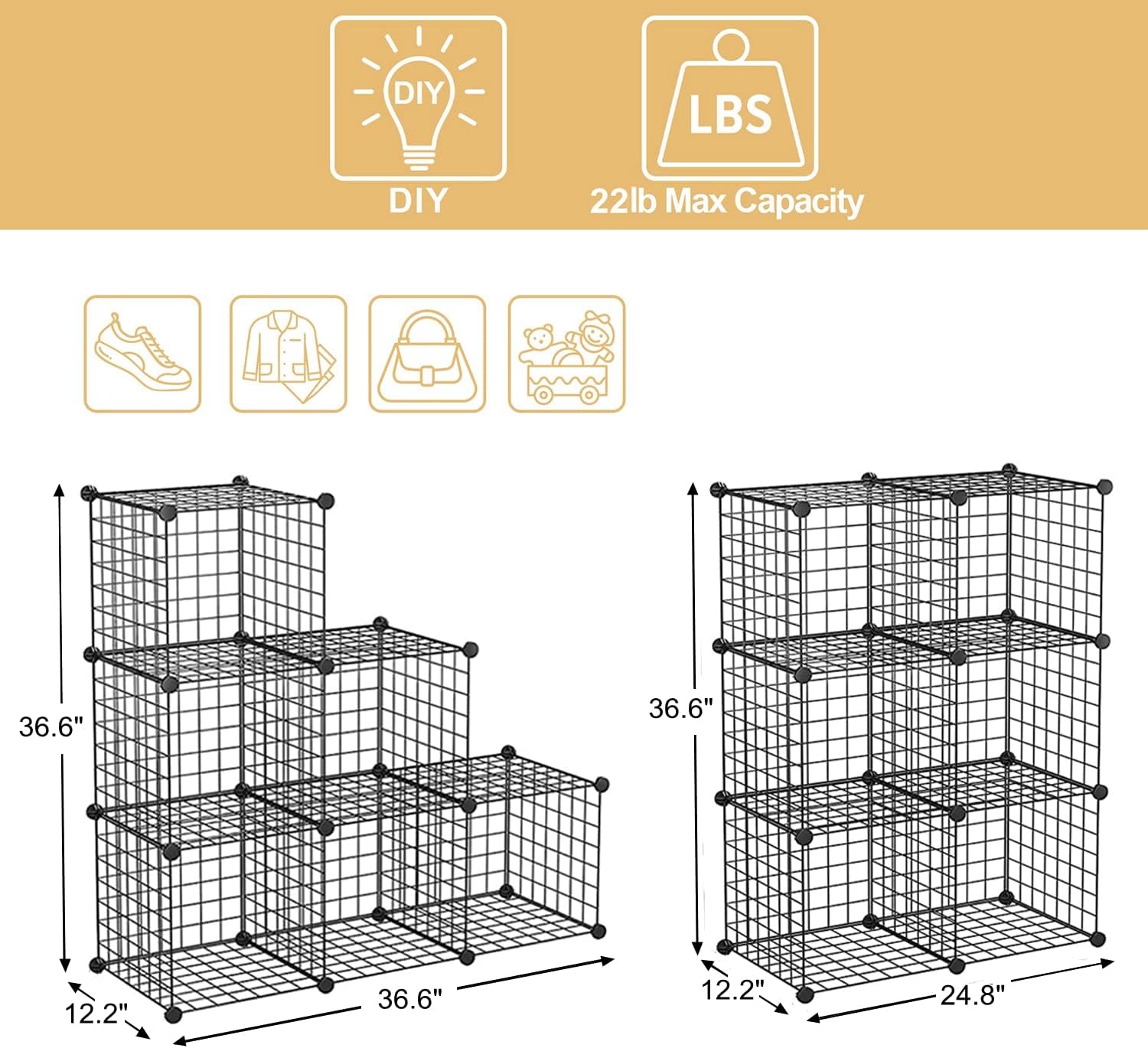 BASTUO Wire Cube Storage Cabinet, 6 Cubes DIY Metal Organizer, Stackable Bookcase Shelf Modular Cube Organizer Rack, Wardrobe Closet for Livingroom, Bedroom, Office, Black