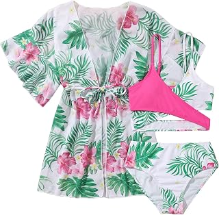 Toddler Girl's 3 Piece Set Tropical Print Swimwear Criss Cross Colorblock Bikini Swimsuit
