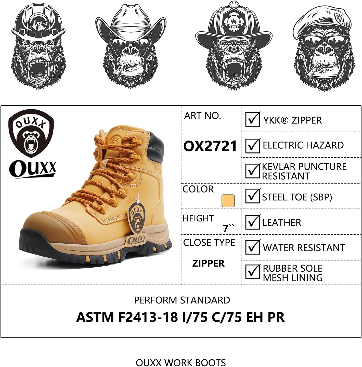OUXX Work Boots for Men, Side Zipper Steel Toe Shoes, Water-Resistant, Non-Slip, Puncture-Proof(OX2720) - Image 6
