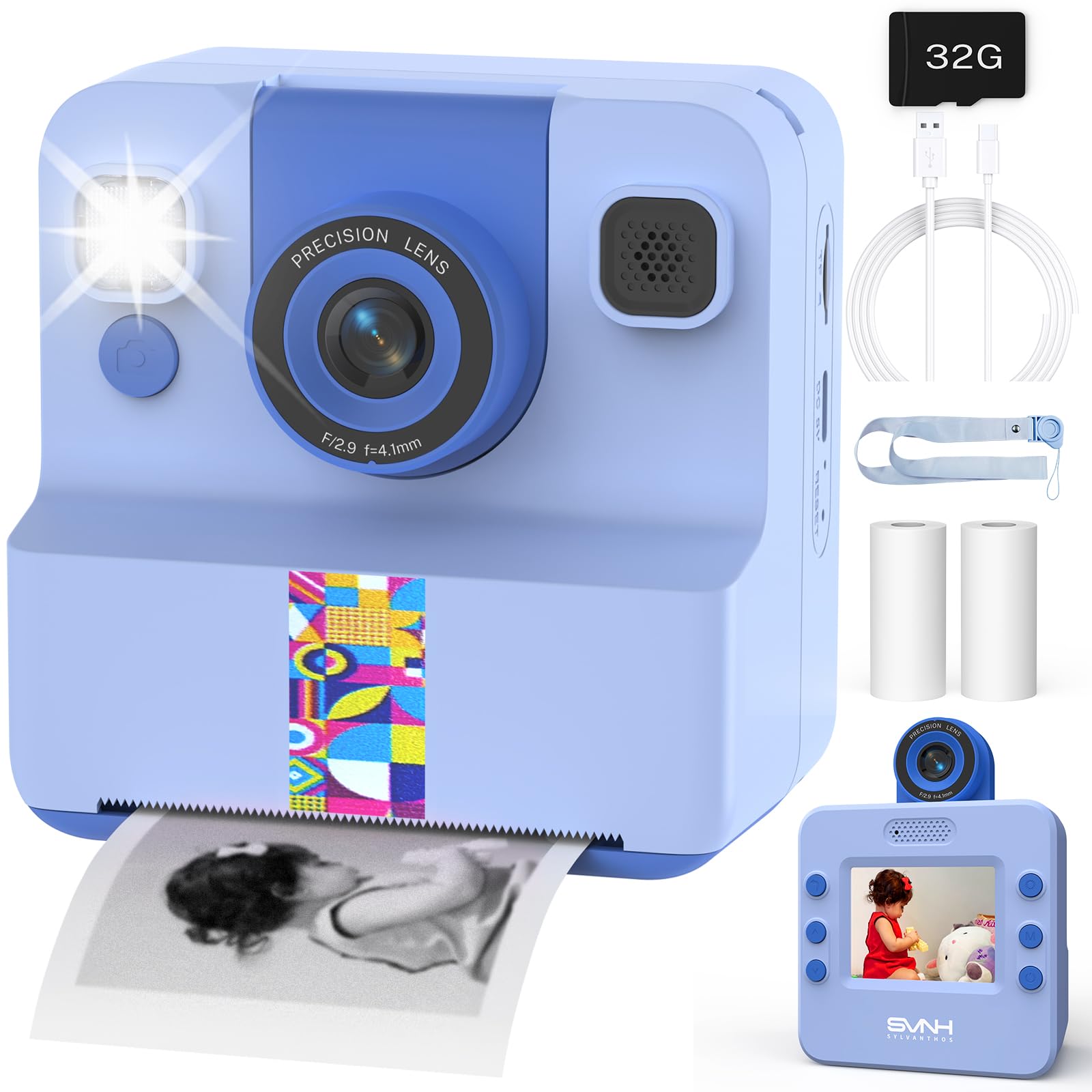 Kinder Sofortbildkamera, Sofortdruck Kamera für Kinder, 180° drehbares Selfie Objektiv mit 32GB SD-Karte – Geschenk für Jungen & Mädchen (3–12 Jahre), Blau