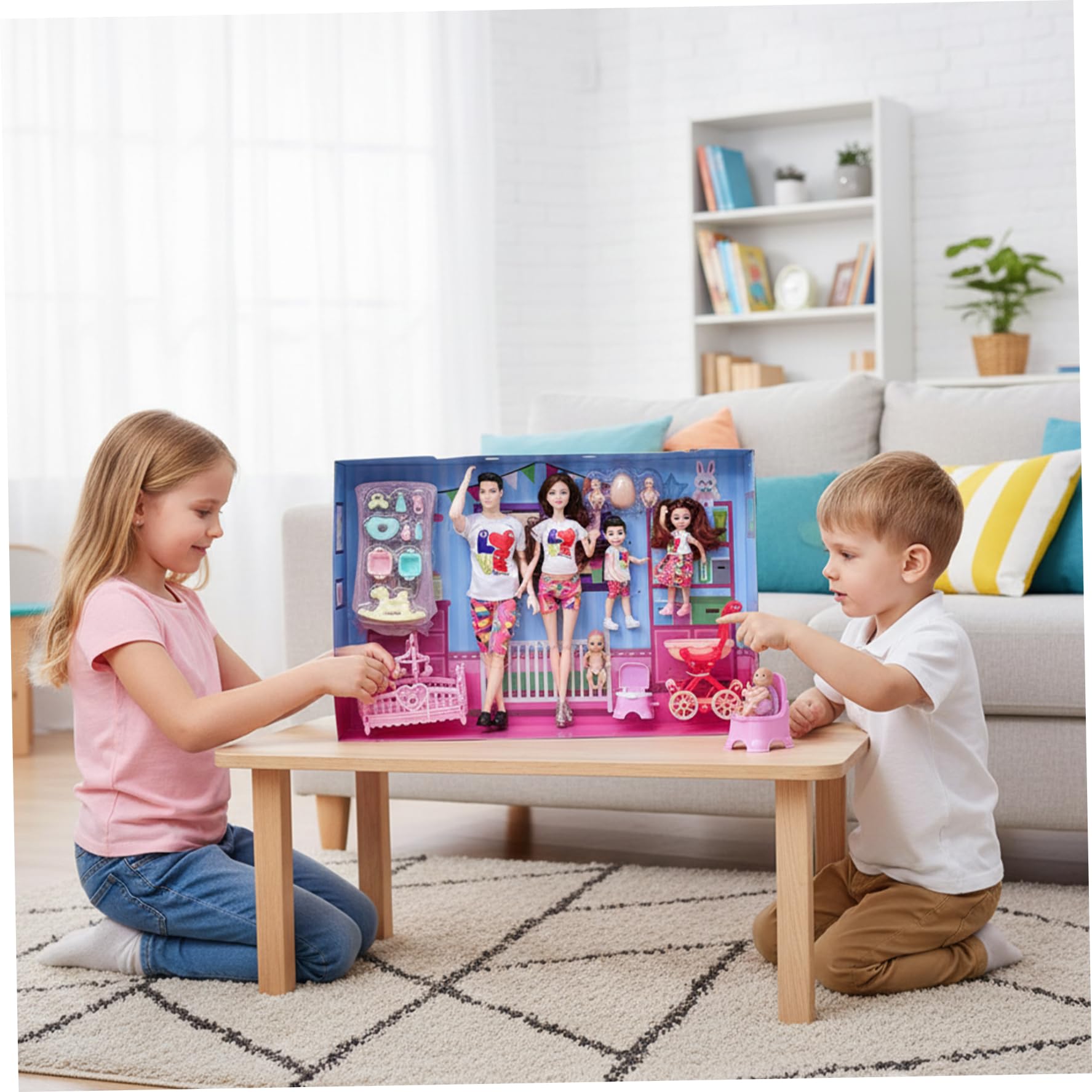 Jorzer Bambola di famiglia, bambola incinta con articolazioni mobili con bambino nella pancia, set di 5 papà e 2 bambini per l'educazione e accessori per la casa delle bambole, giocattoli giochi.