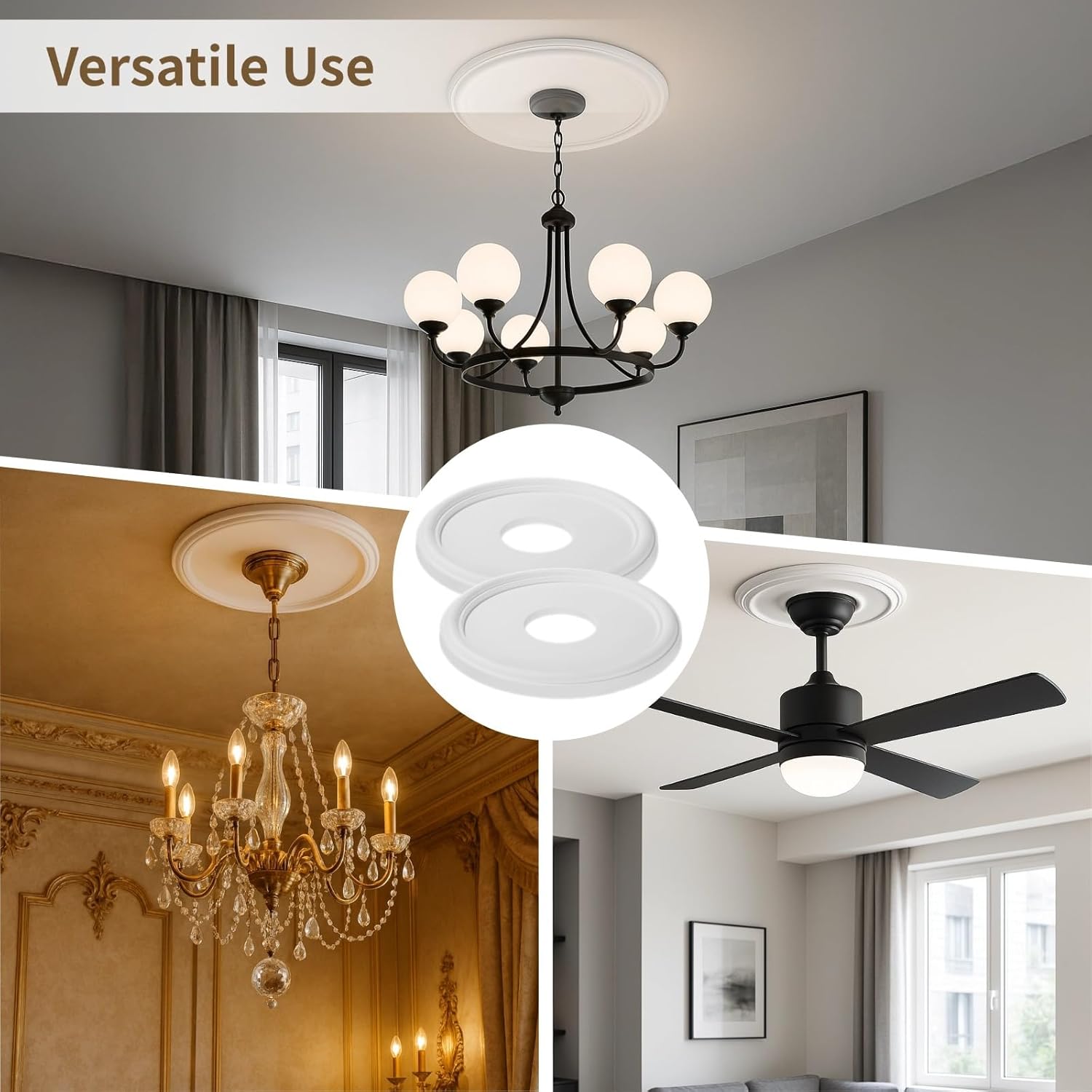 Ceiling Medallion 2-Pack, White Pu, 13 in, Light Fixture Panel, Easy Mount