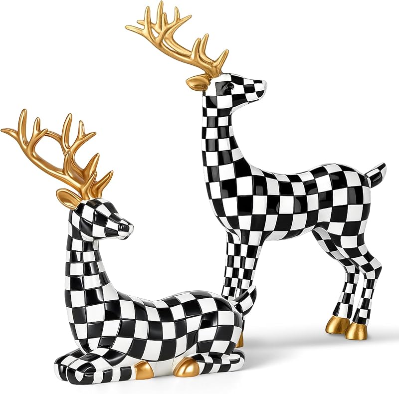 Yookeer 2 figuras pequeñas de ciervo en blanco y negro, decoración de renos de Navidad | 6,7 x 5,12 pulgadas, 5,32 x 4,33 pulgadas, adornos navideños para centros de mesa, decoración de chimenea