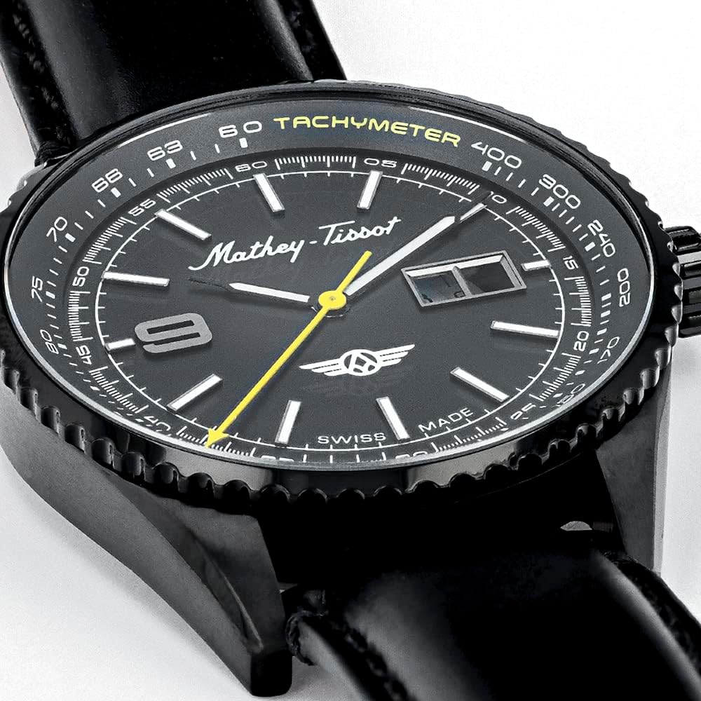 Mathey-Tissot Atlas Collection Men’s Three-Hand Date Watch – 43mm Black Stainless Steel Case, Black Dial with Tachymeter and Date Window, Swiss Heritage Design with Leather Strap