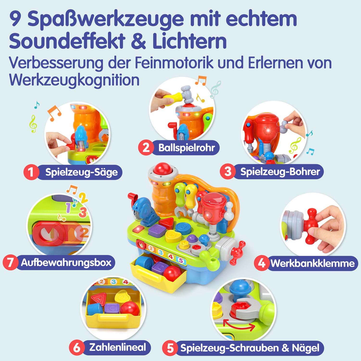 Werkbank Kinder Spielzeug ab 1 Jahr Junge, Kinder Geschenk 1 Jahr Junge Kinderspielzeug ab 1 Jahre Baby Spielzeug Werkzeugbank 12 18 24 Monate 1 2 3 Jahre mit Formsortierer Musik Licht & Soundeffekten