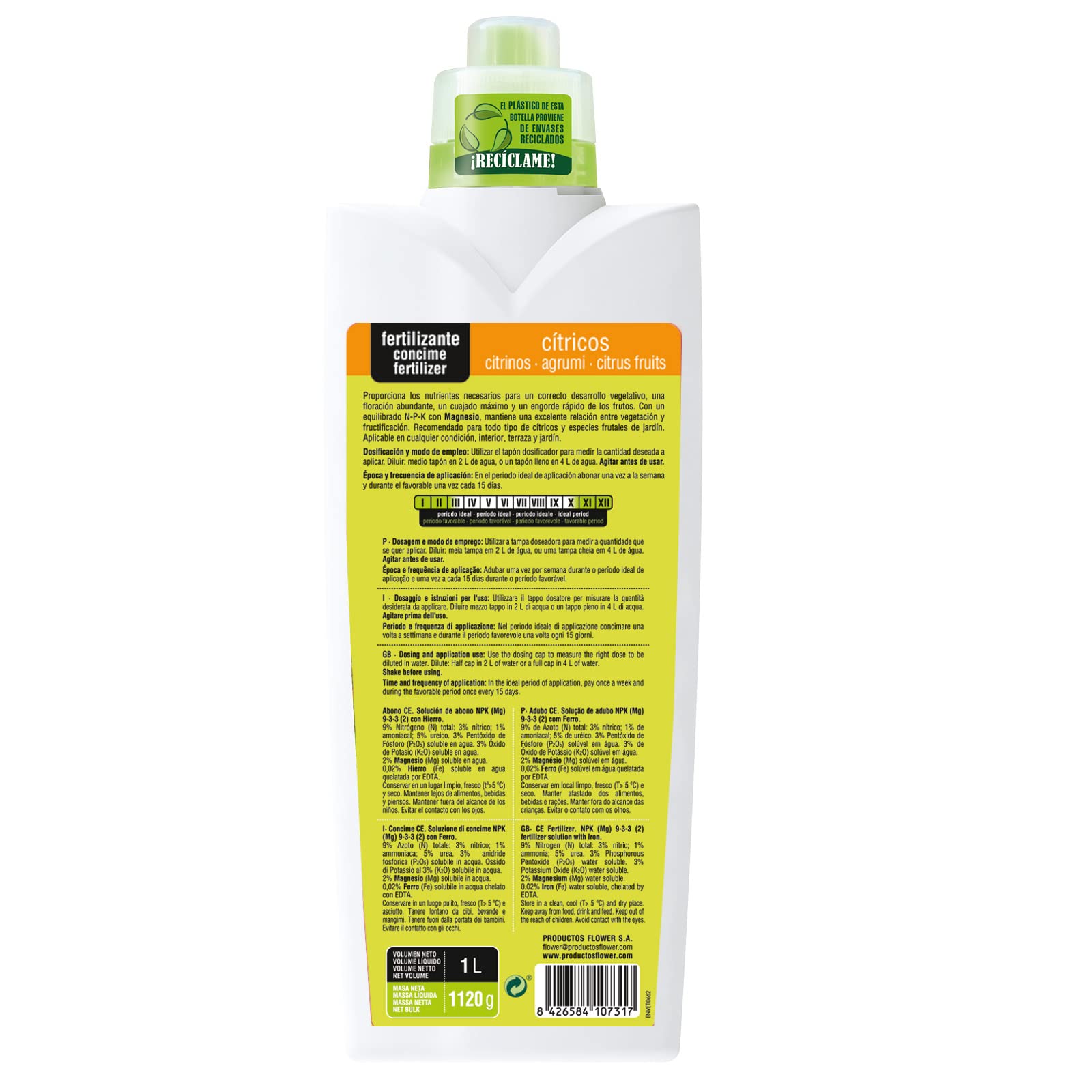 Flower - Fertilizante Líquido Cítricos 1 L | NPK 7-2-2 | Con Nitrógeno y Hierro | Abono Para Árboles Frutales | Con Tapón Dosificador | Revitaliza hojas