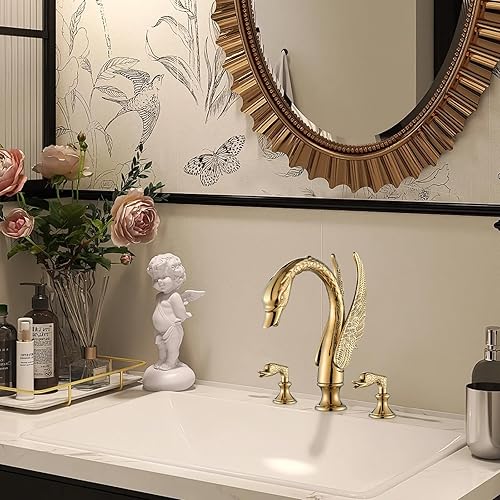 Miniatura 8 de Gold Swan - Grifo para lavabo de baño, 3 agujeros, grifo de baño, doble cisne, lavabo, mezclador, grifo mezclador de baño, grifo contemporáneo,
