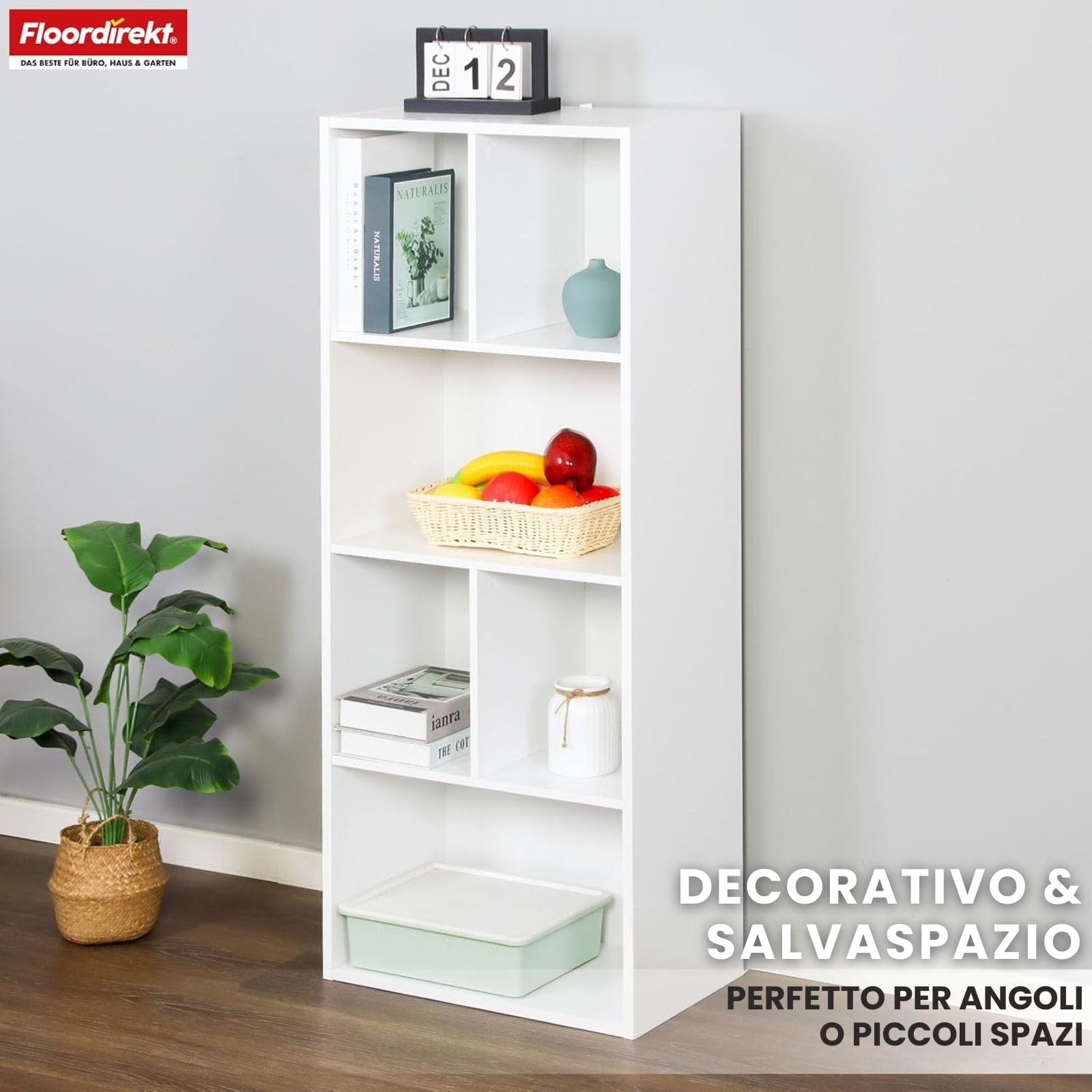 Floordirekt Libreria, scaffale bianco con 6 scomparti, 29 x 50 x 121 H, divisorio per cameretta dei bambini, soggiorno, ufficio e camera da letto (California)