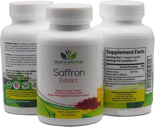 Extracto de azafrán 100% puro de alta calidad, 88.50 mg, 60 cápsulas que promueve la salud de la visión, mejora el estado de ánimo, control de peso,