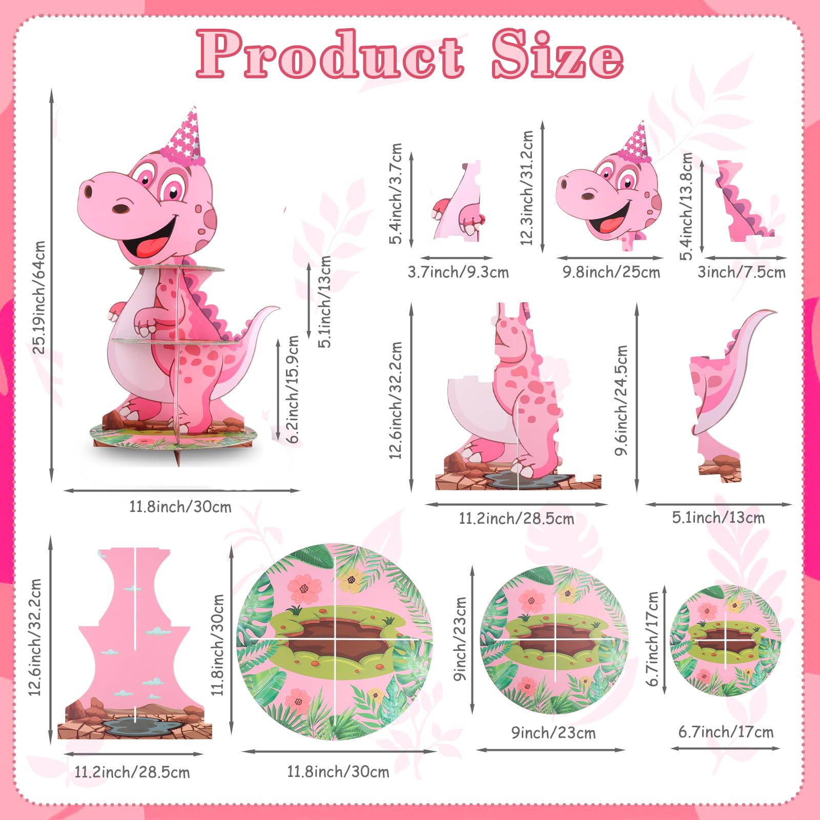 Akwarela dinozaur 3-poziomowy stojak na babeczki, dekoracje urodzinowe dla dzieci, chłopców i dziewcząt, Boże Narodzenie, urodziny, baby shower, artykuły imprezowe (1 szt.)