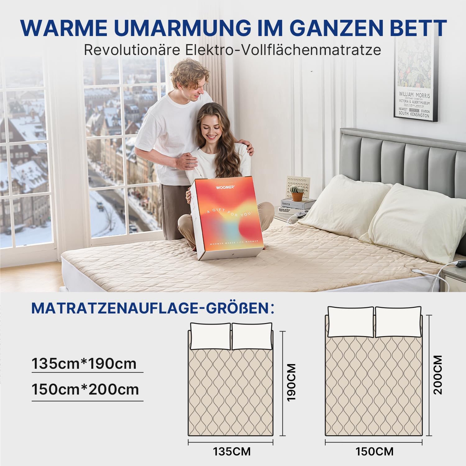 WOOMER Elektrische Wärmeunterbett mit Abschaltautomatik,200GSM/Samt Heizdecke mit 12h-Timer, 10-Stufen, Überhitzungsschutz, 5,8m Kabel, Für Matratzen bis 45cm / Waschbar/Hellbraun/135×190cm