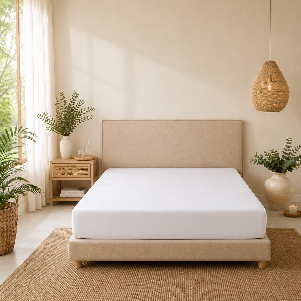 Jomy - Sábana Bajera bambú 150 x 190/200 + 30 para Cama 150 cm, Sabana Bajera Suave y refrescante Termorreguladora Sábanas Frescas para Verano, Color Blanco Saten 400 Hilos