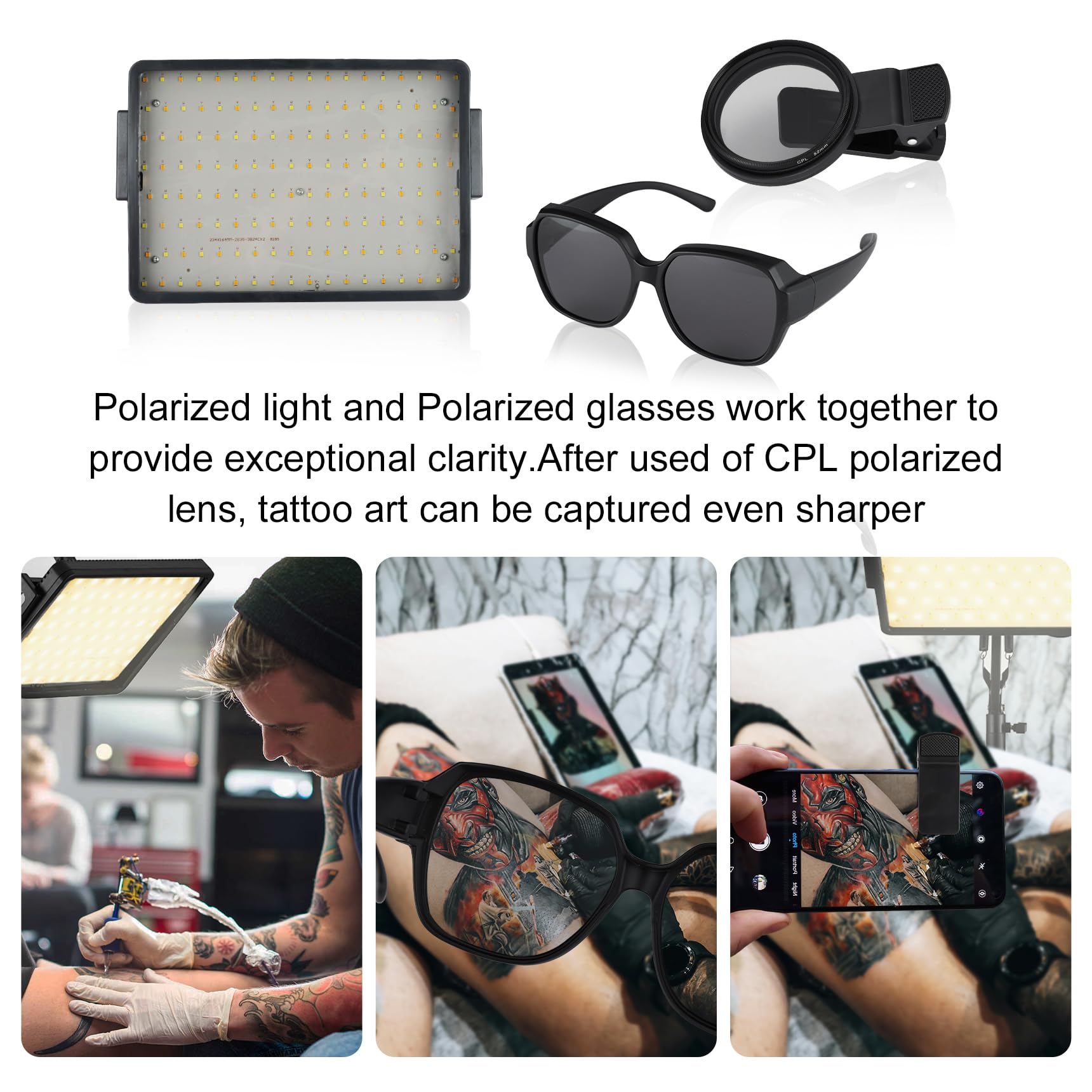 Lampada da lavoro a LED polarizzata con lenti per visione del tatuaggio e cornice extra per eliminare le ombre, alta definizione, dotata di supporto per luci a 360°
