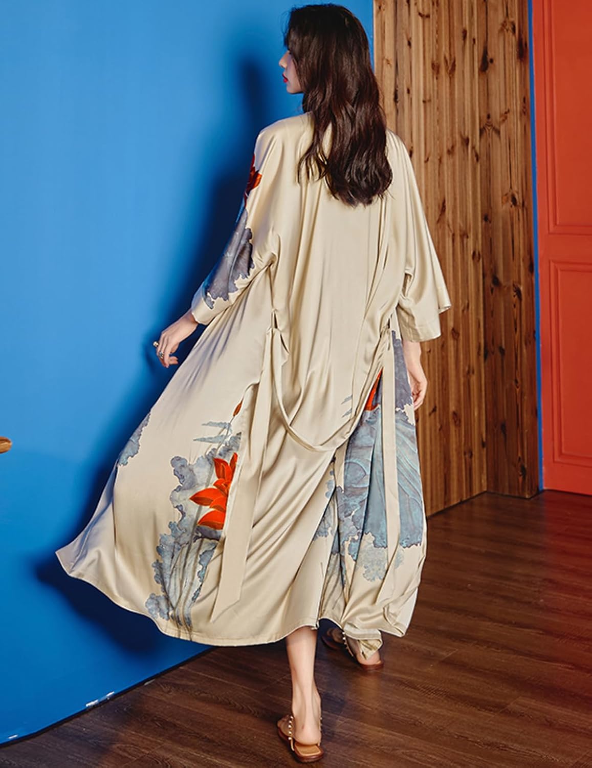 Silk Satin Robe for Women Long Japanese Kimono Robe Lightweight Soft Bathrobe Floral Luxury Dressing Gown - Image 3