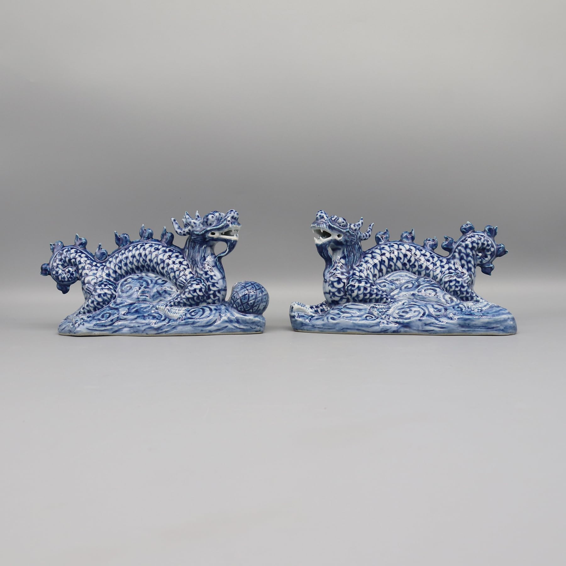 Eastern Tide Blue And White Porcelain Dragon Figurines, Traditional Chinese Style, Set Of 2