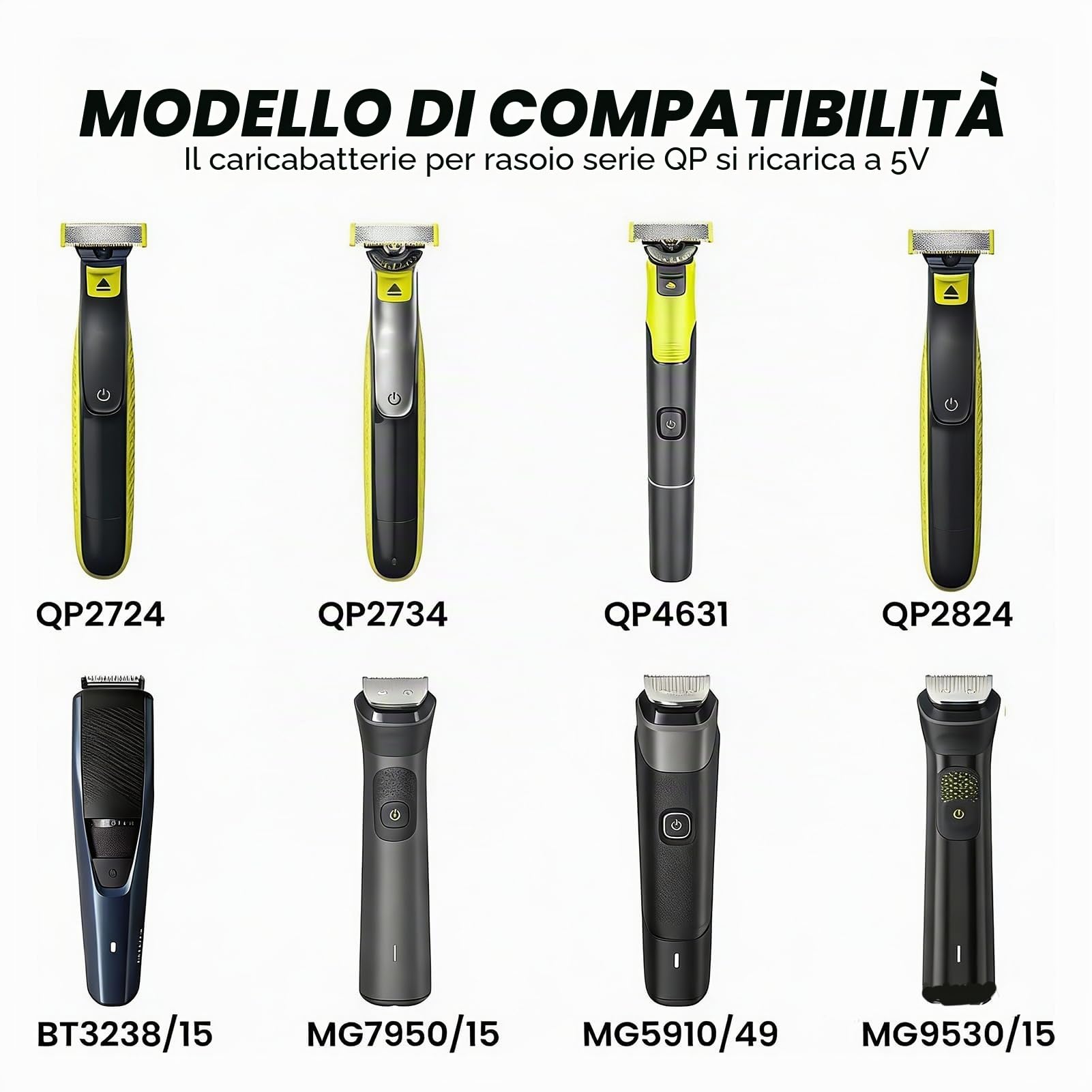 5V Caricatore rasoio per Philips OneBlade 360 QP2824 QP2834 QP2734 QP2724, Compatibile con Rasoi Philips/Norelco Series MG5910 MG9510 S5898 S7887, Alimentatore USB con Cavo per Trimmer Uomo