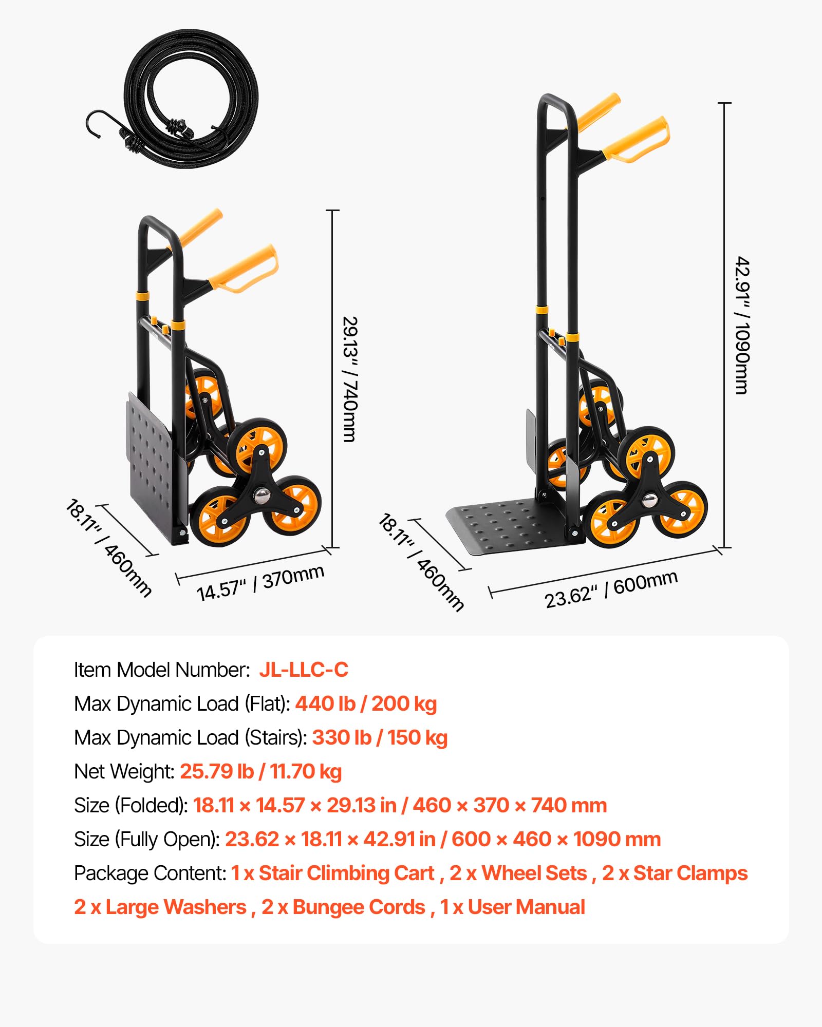 VEVOR Carrello Portapacchi per Scale Capacità di Salita Scale 150 kg, Carrello Pieghevole per Carichi Pesanti con Maniglia Telescopica, 6 Ruote e 2 Corde Elastiche, per Generi Alimentari, Magazzino