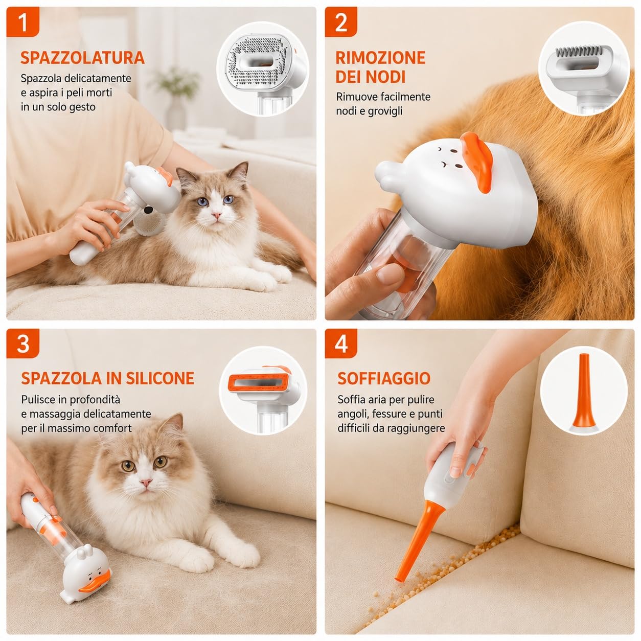 Spazzola Aspirante per Cani, 4-in-1 Multifunzionale, Cani e Gatti, Senza Fili Ricaricabile, Toelettatura, Districante, Rimuovi Peli Divano, Bocchetta Soffiante