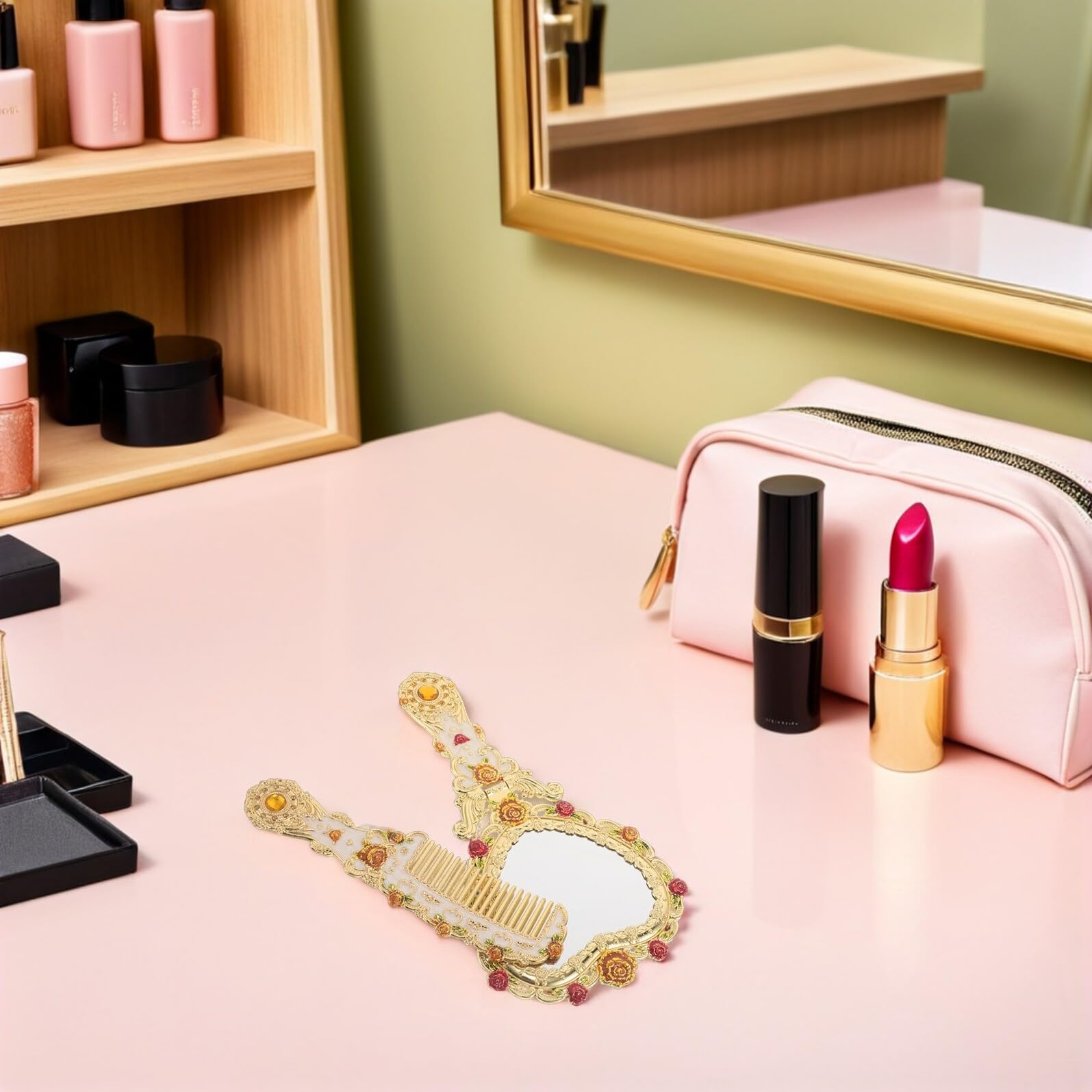 STOBAZA Espejo de Mano Vintage Plegable con Peine, con Diseño de Forma, para Maquillaje y Viaje