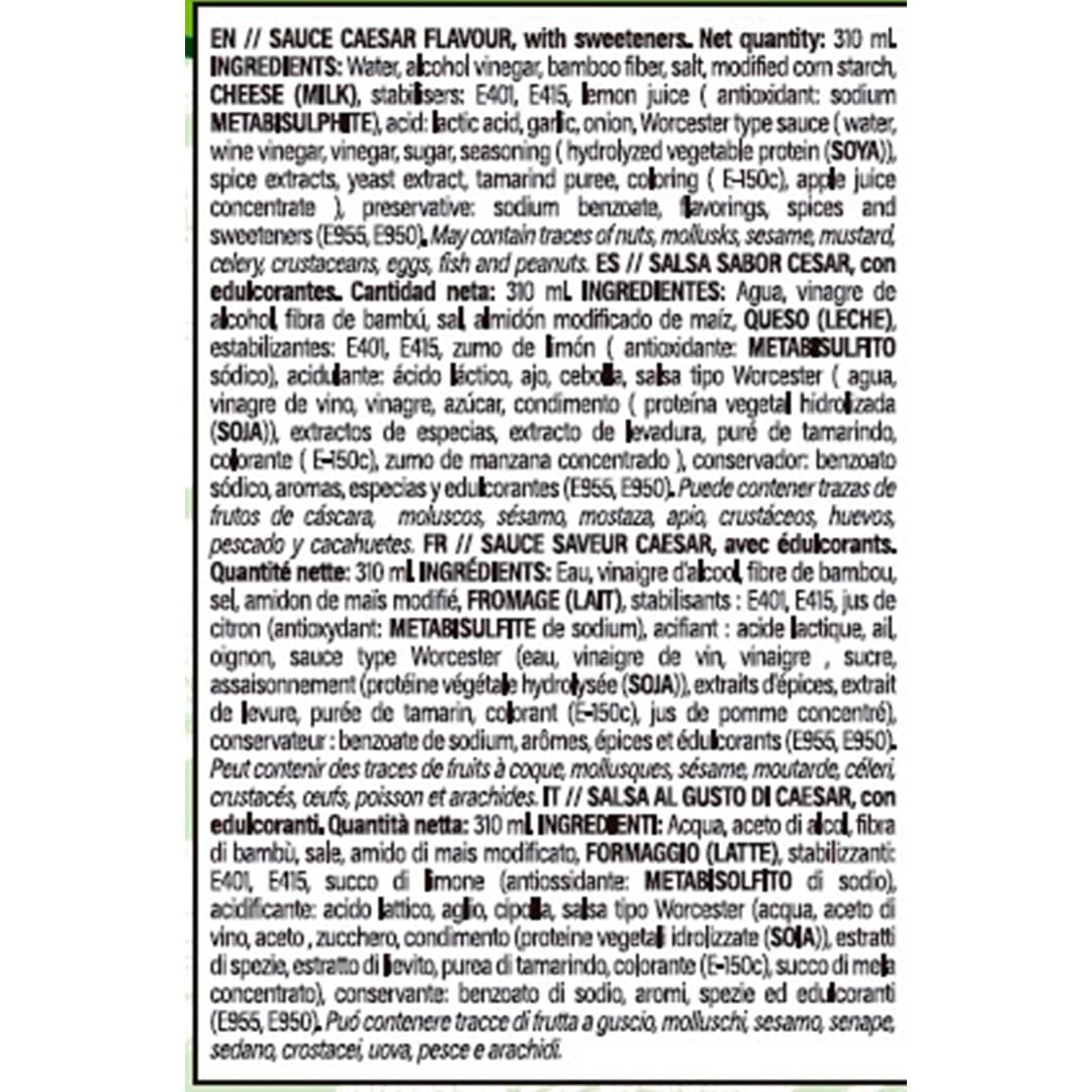 Sauzero Zero Calories Cesar 310ml | Salsa baja en calorías y sin azúcares añadidos | Aderezo para ensaladas y recetas