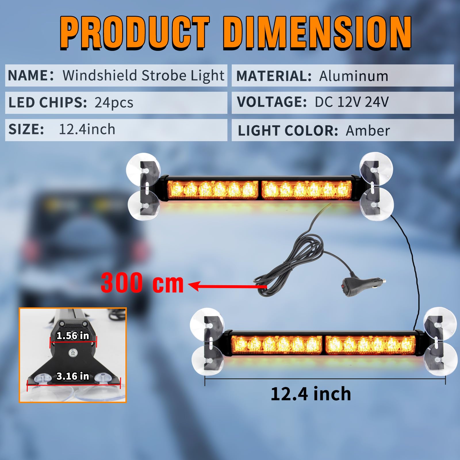 Luces estroboscópicas de parabrisas ámbar para camiones, luces de advertencia estroboscópicas para salpicadero de parabrisas de automóvil 2 en 1, 24 LED, luz estroboscópica de emergencia de