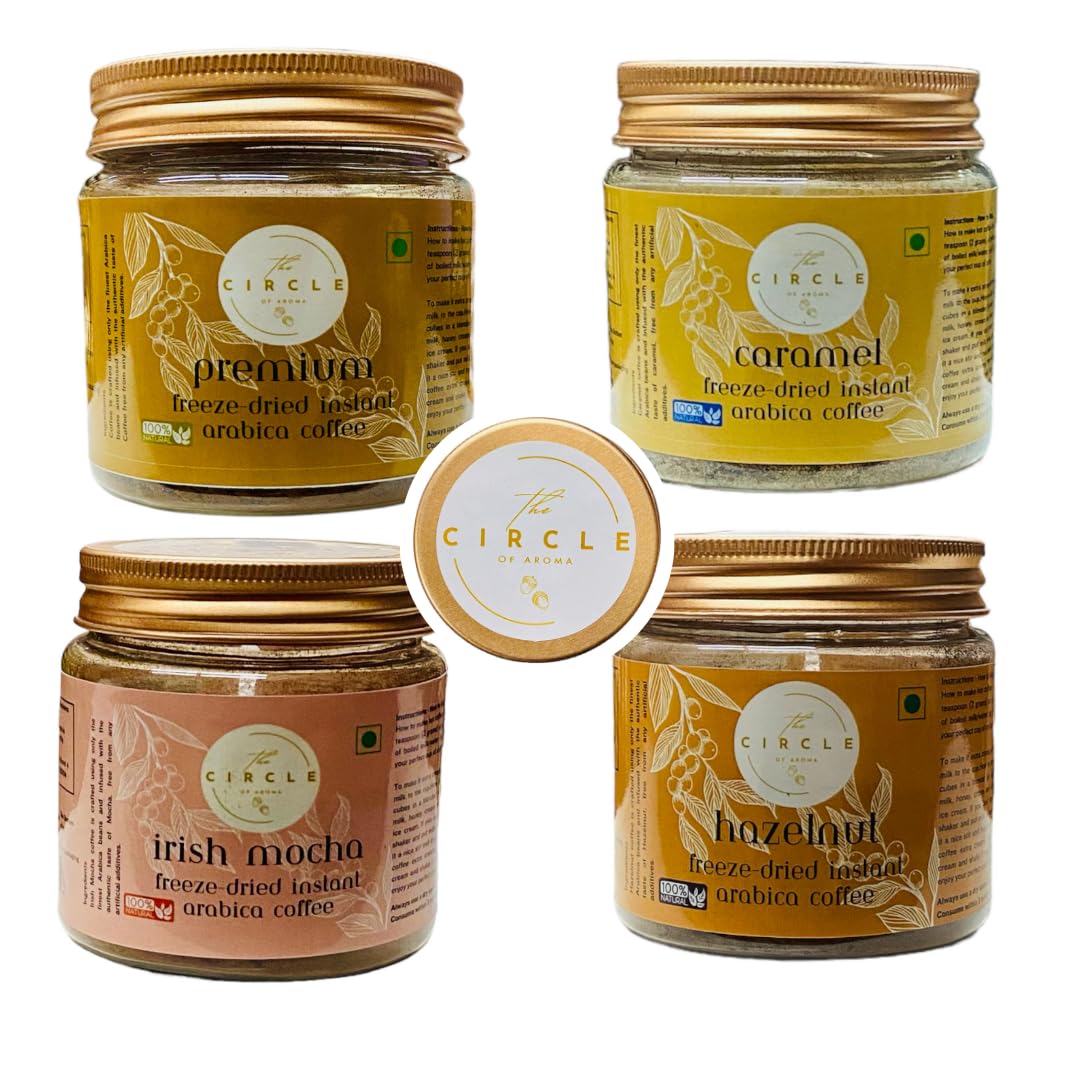 The Circle Of Aroma 100% Arabica Instant Coffee Combo of Premium, Hazelnut, Irish Mocha & Caramel (50g Jar x 4 Flavours) | Hot & Cold Instant Arabica Coffee for 25 Cups each Flavour (B0D294R9XH) Amazon Price History, Amazon Price Tracker