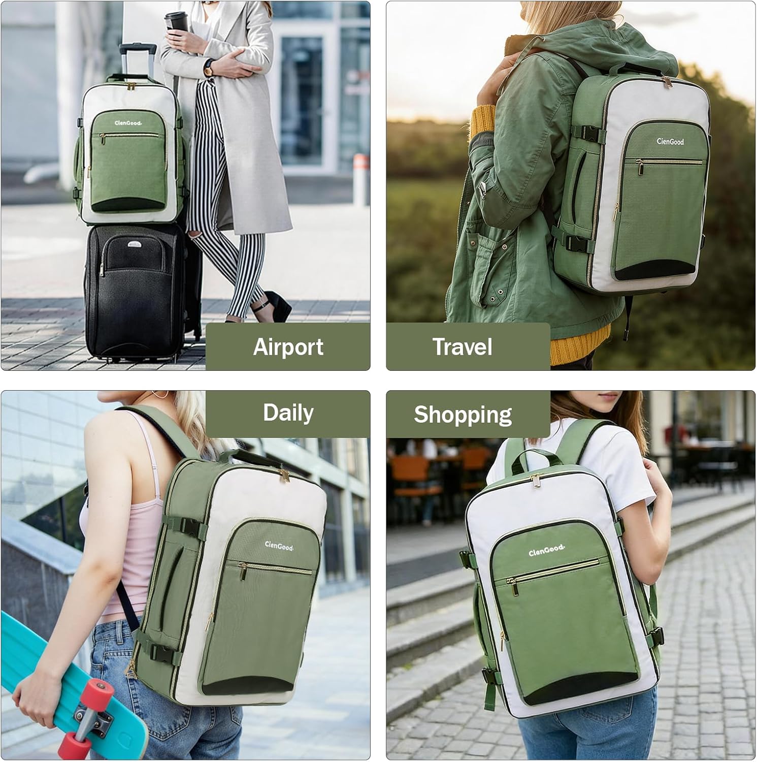 40L Travel Backpack for Women & Men, Airline Approved Carry on Luggage with 3 Packing Cubes, Overnight Bags, Waterproof Personal Item Bag, Carry on Bag fits 16.5" Laptop (Green-Beige)