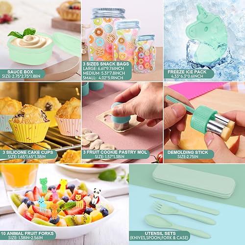 Miniatura 6 de Lonchera Bento de 30 piezas para niñas, juego único de bolsas de almuerzo aisladas, 4 compartimentos, con accesorios, bolsa de hielo, botella de