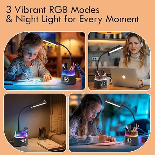 Miniatura 4 de WILIT Lámpara de escritorio LED para dormitorio universitario, lámpara de estudio para estudiantes con estación de carga, soporte para bolígrafos,