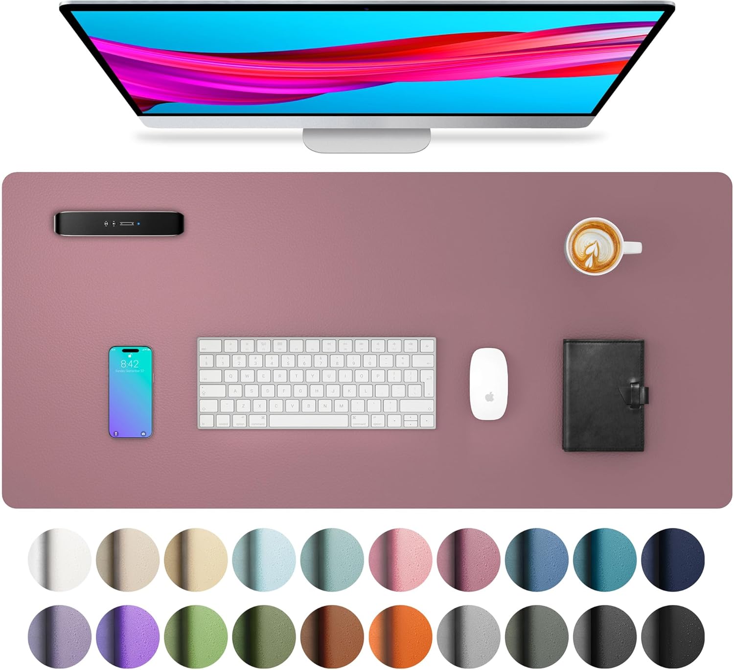 Aothia Leather Desk Pad Protector, Mouse Pad, Office Desk Mat, Non-Slip PU Leather Desk Blotter, Laptop Desk Pad, Waterproof Desk Writing Pad for Office and Home (Dark Pink, 23.6″ x 13.7″)