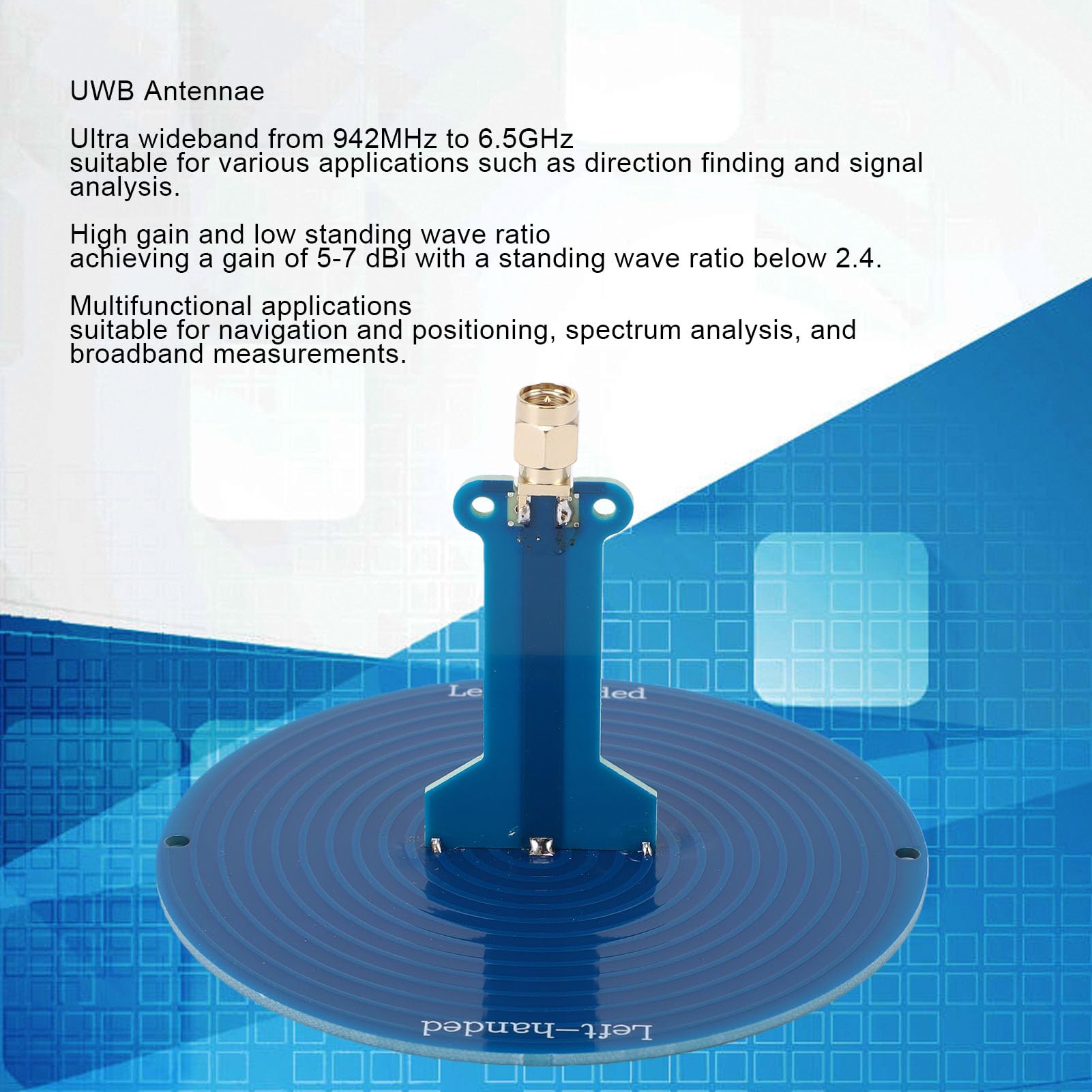 UWB-Ultra-Breitbandantenne, 942 MHz–6,5 GHz, SMA-Stecker, Kompakte PCB-Antenne für Spektrumanalyse, EMV-Test, SDR